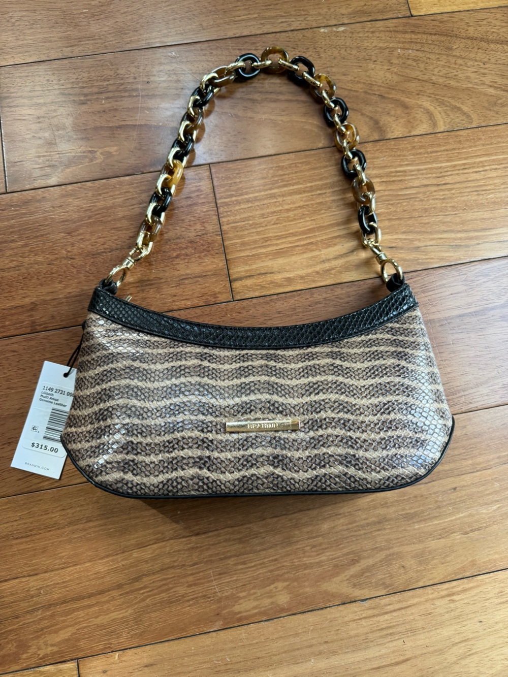 Brahmin Tan Snake-Effect Shoulder Bag with Black Trim and Gold Chain